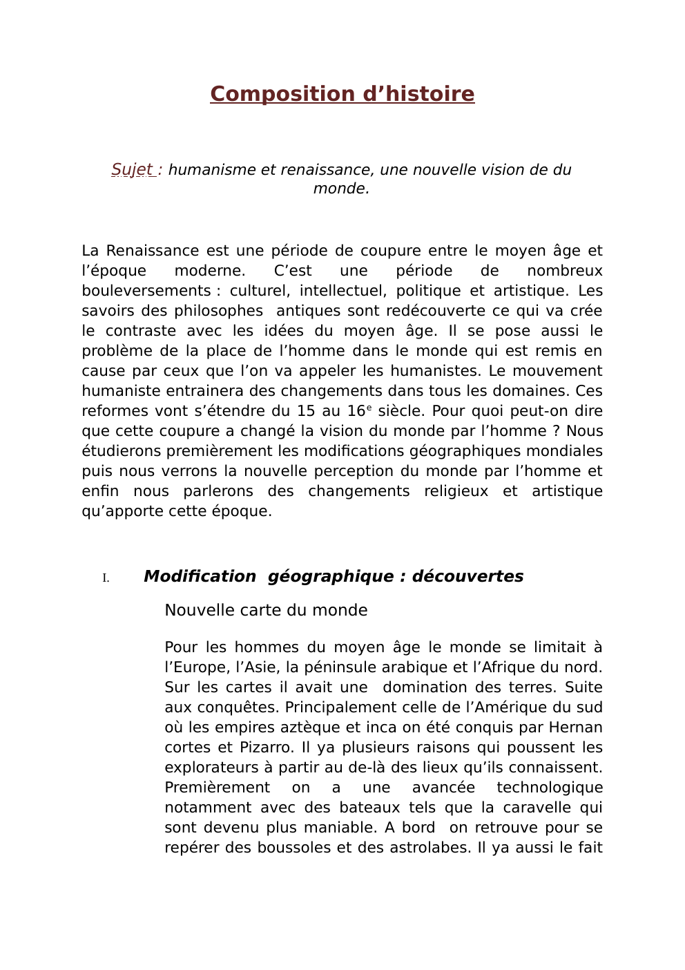 Composition Dhistoire Sujet Humanisme Et Renaissance Une Nouvelle