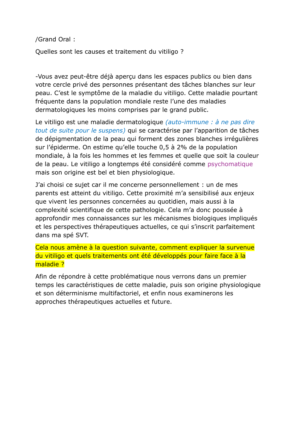 Prévisualisation du document Grand Oral : Quelles sont les causes et traitement du vitiligo ?