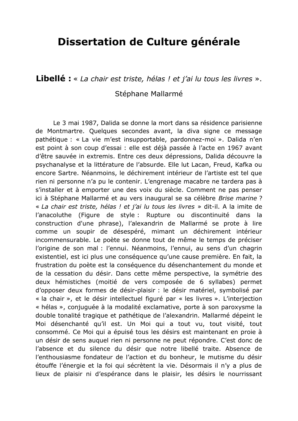Prévisualisation du document « La chair est triste, hélas ! et j’ai lu tous les livres ». Stéphane Mallarmé