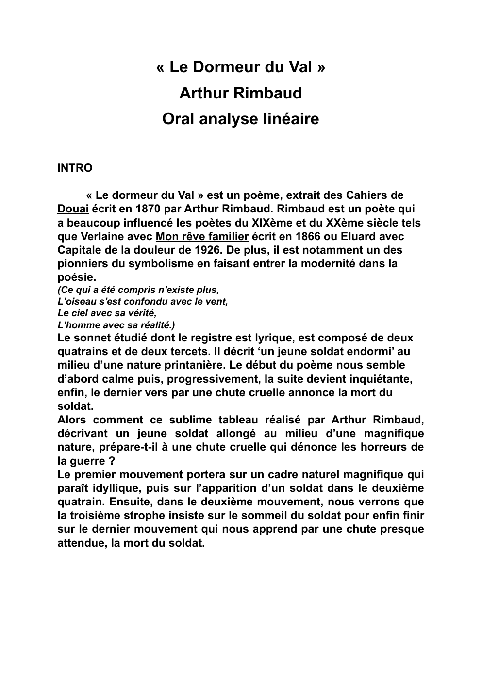 Prévisualisation du document « Le Dormeur du Val » Arthur Rimbaud Oral analyse linéaire