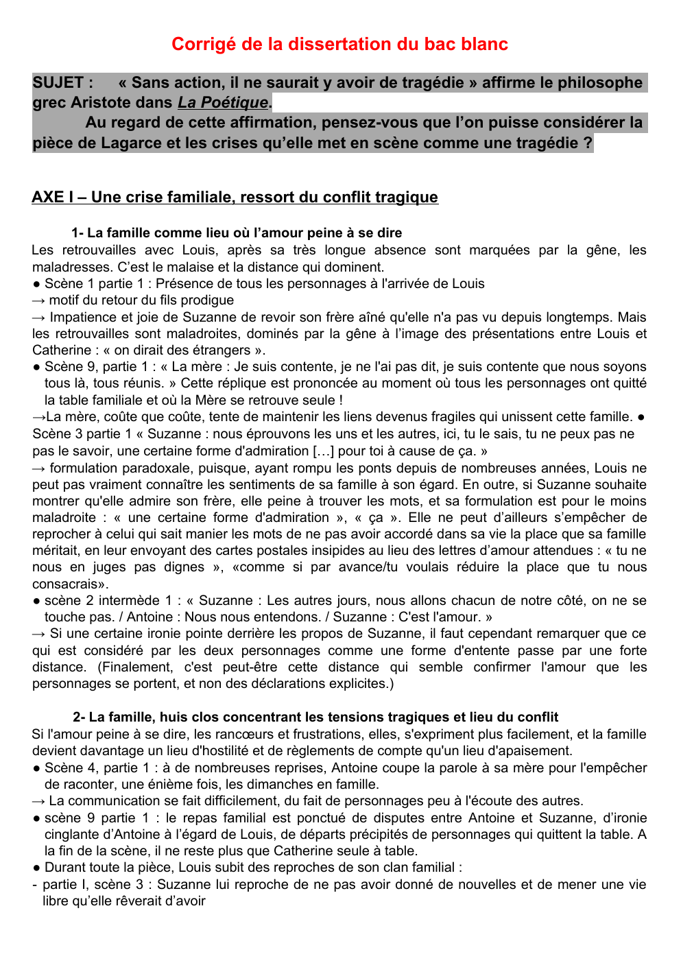 Prévisualisation du document « Sans action, il ne saurait y avoir de tragédie » affirme le philosophe grec Aristote dans La Poétique. Au regard de cette affirmation, pensez-vous que l’on puisse considérer la pièce de Lagarce et les crises qu’elle met en scène comme une tragédie ?