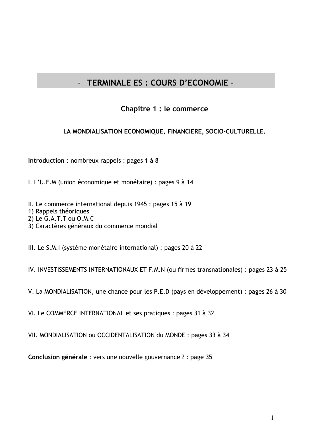 Prévisualisation du document - TERMINALE ES : COURS D’ECONOMIE – Chapitre 1 : le commerce