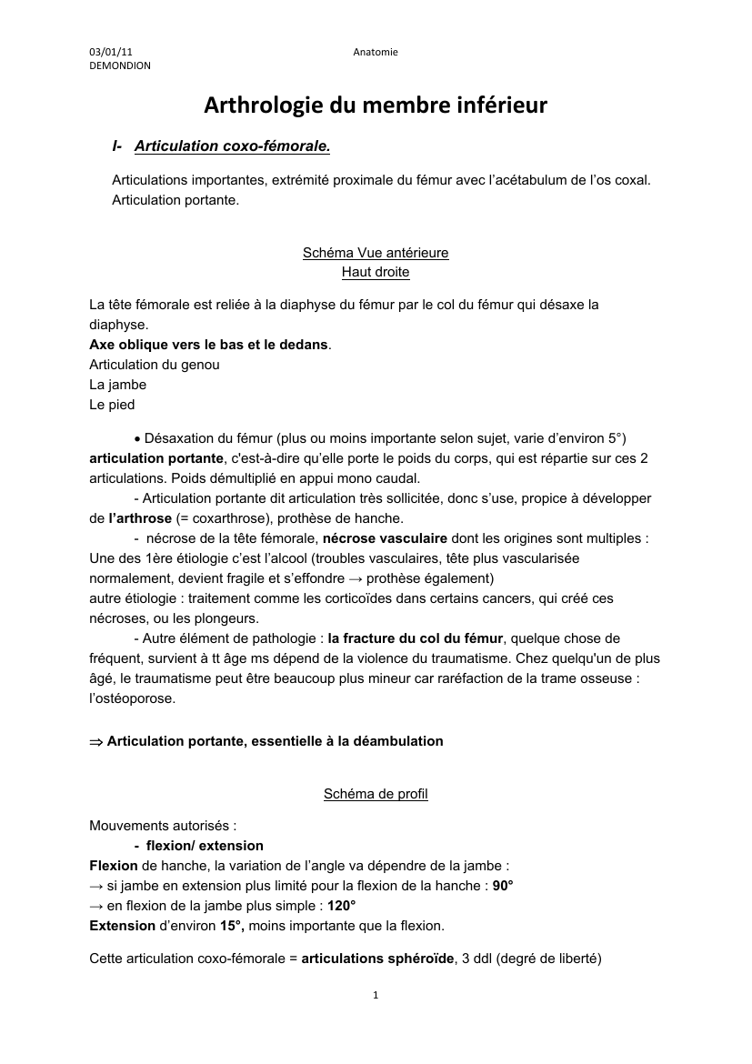 Prévisualisation du document 03/01/11    DEMONDION Anatomie Arthrologie du membre inférieur I- Articulation coxo-fémorale.