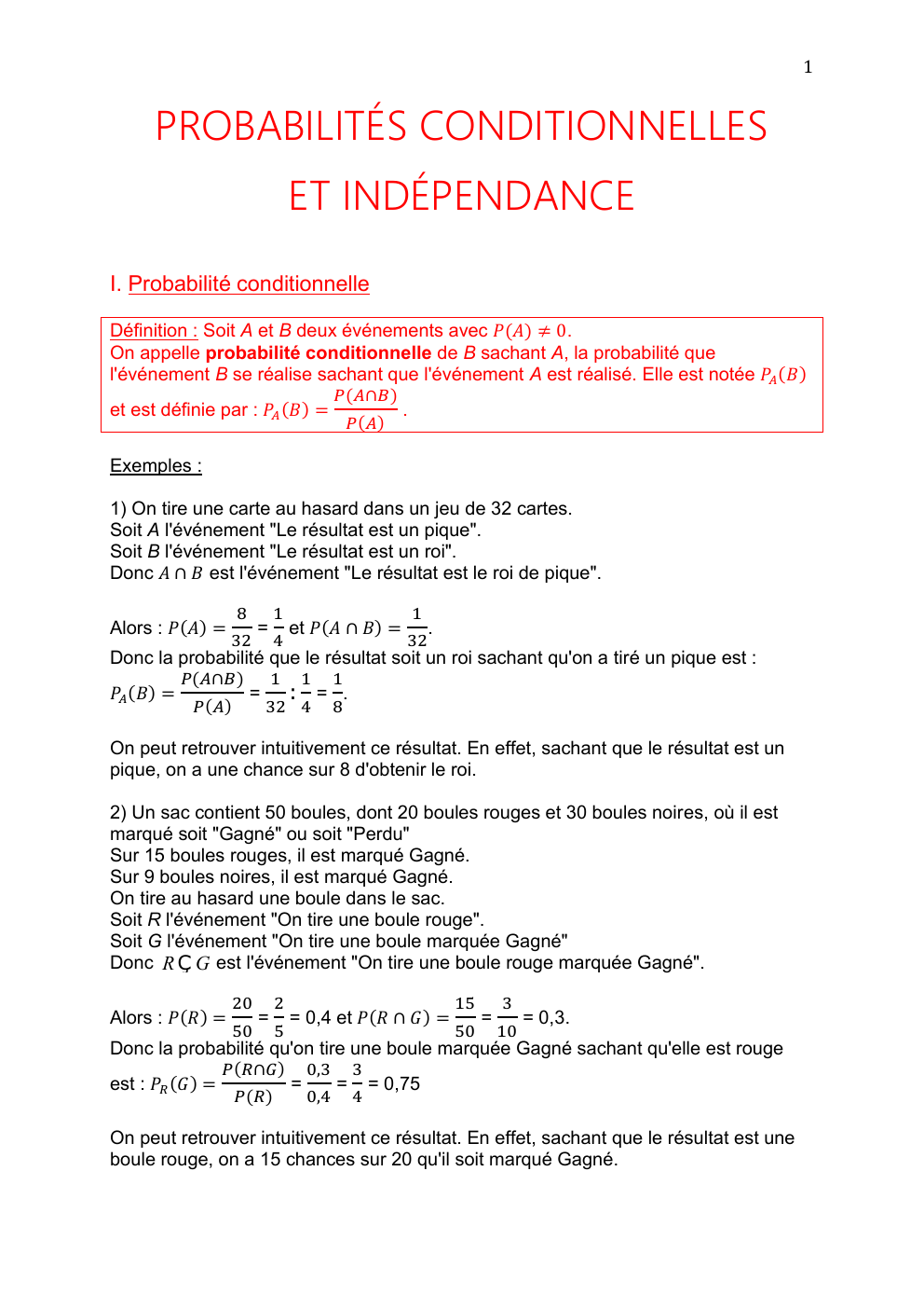 Prévisualisation du document 1  PROBABILITÉS CONDITIONNELLES ET INDÉPENDANCE