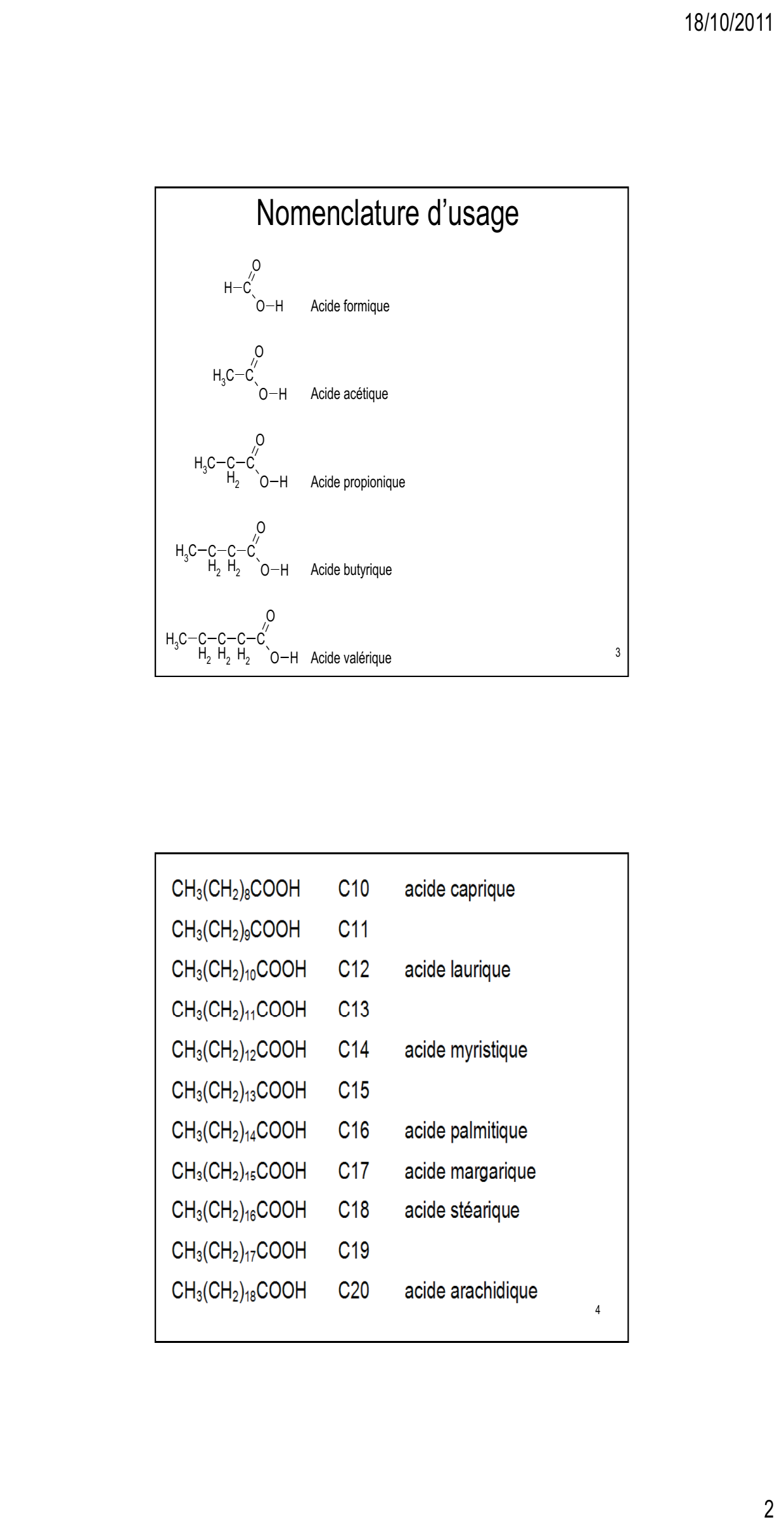 Prévisualisation du document 18/10/2011

Acides Carboxyliques
carbonyle

O

carboxyle

RC
OH
hydroxyle

R = H, alkyle ou aryle
1

Nomenclature
acide alcan oïque
O

Acide hexanoïque

OH

Acide