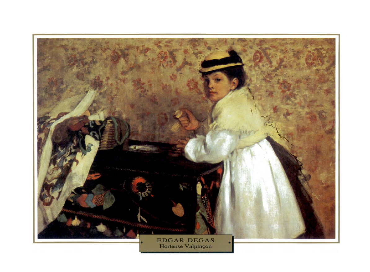 Prévisualisation du document 1871

IMPRESSIONNISME

PORTRAIT

France

Edgar DEGAS
HORTENSE VALPINÇON

Degas n'est pas seulement le peintre des danseuses , il est aussi...