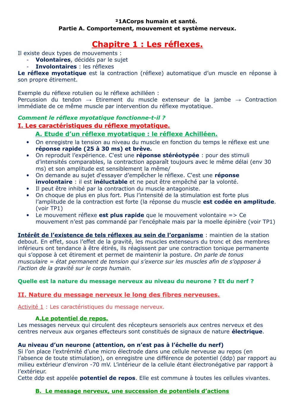 Prévisualisation du document ²1ACorps humain et santé. Partie A. Comportement, mouvement et système nerveux.