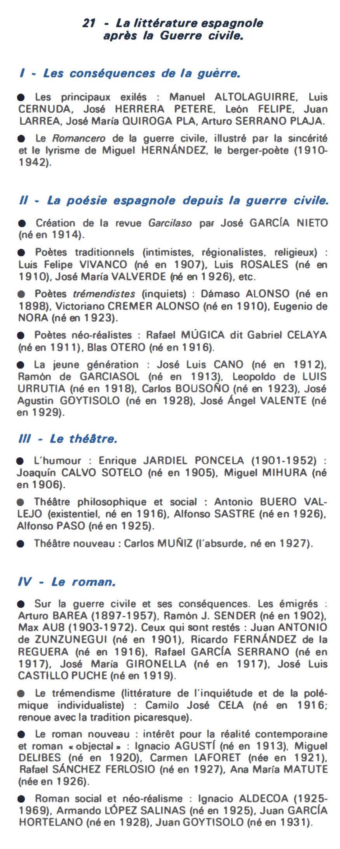 Prévisualisation du document 21 - La littérature espagnole
après la Guerre civile.

I - Les conséquences de la guërre.
• les principaux exilés...