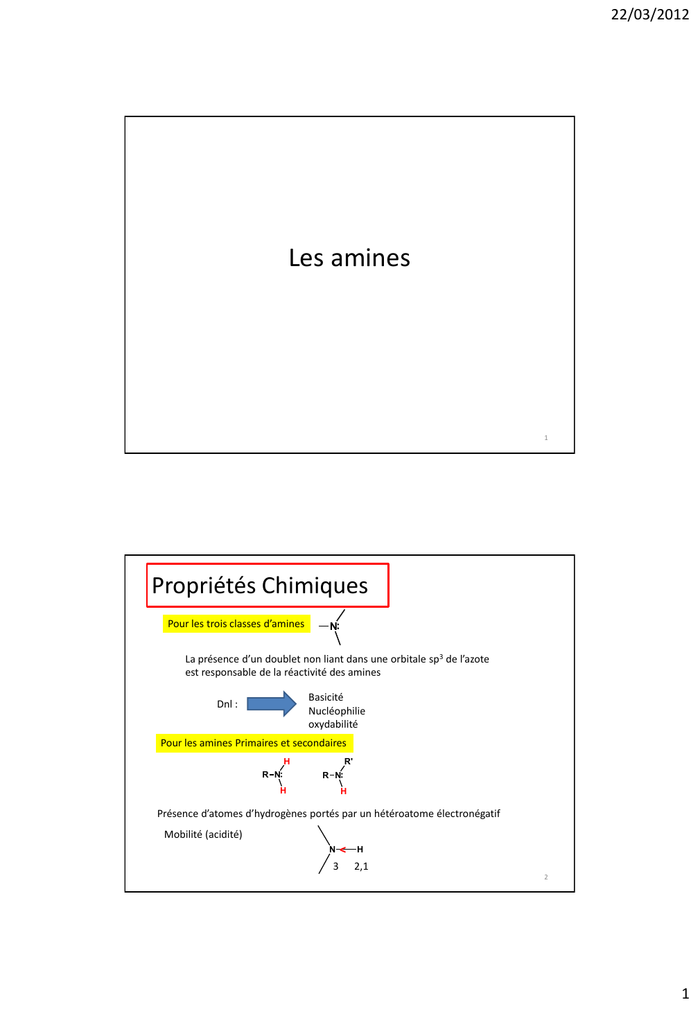 Prévisualisation du document 22/03/2012Les amines1Propriétés ChimiquesPour les trois classes d'aminesNLa présence d'un doublet