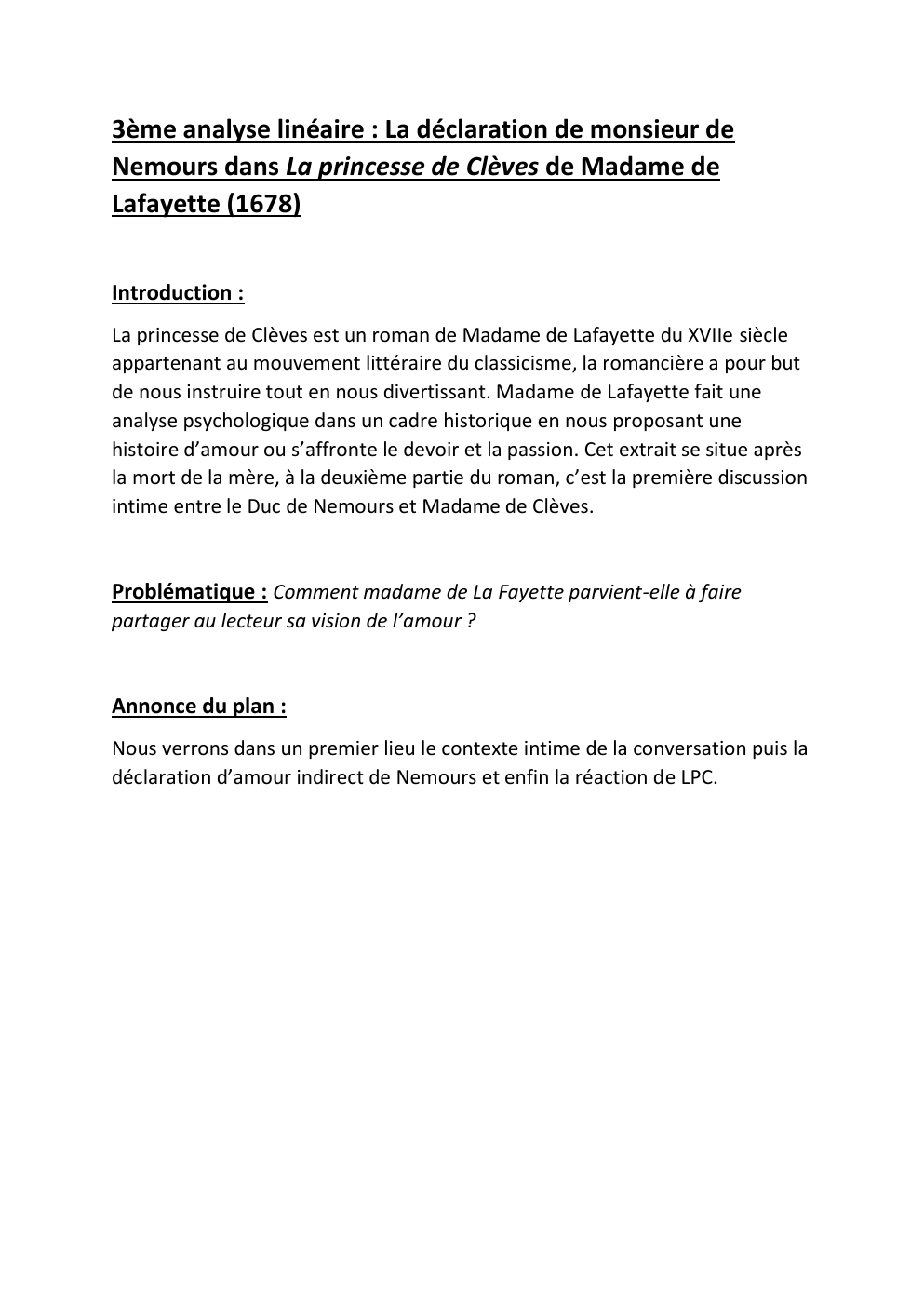 Prévisualisation du document 3ème analyse linéaire : La déclaration de monsieur de Nemours dans La princesse de Clèves de Madame de Lafayette (1678)