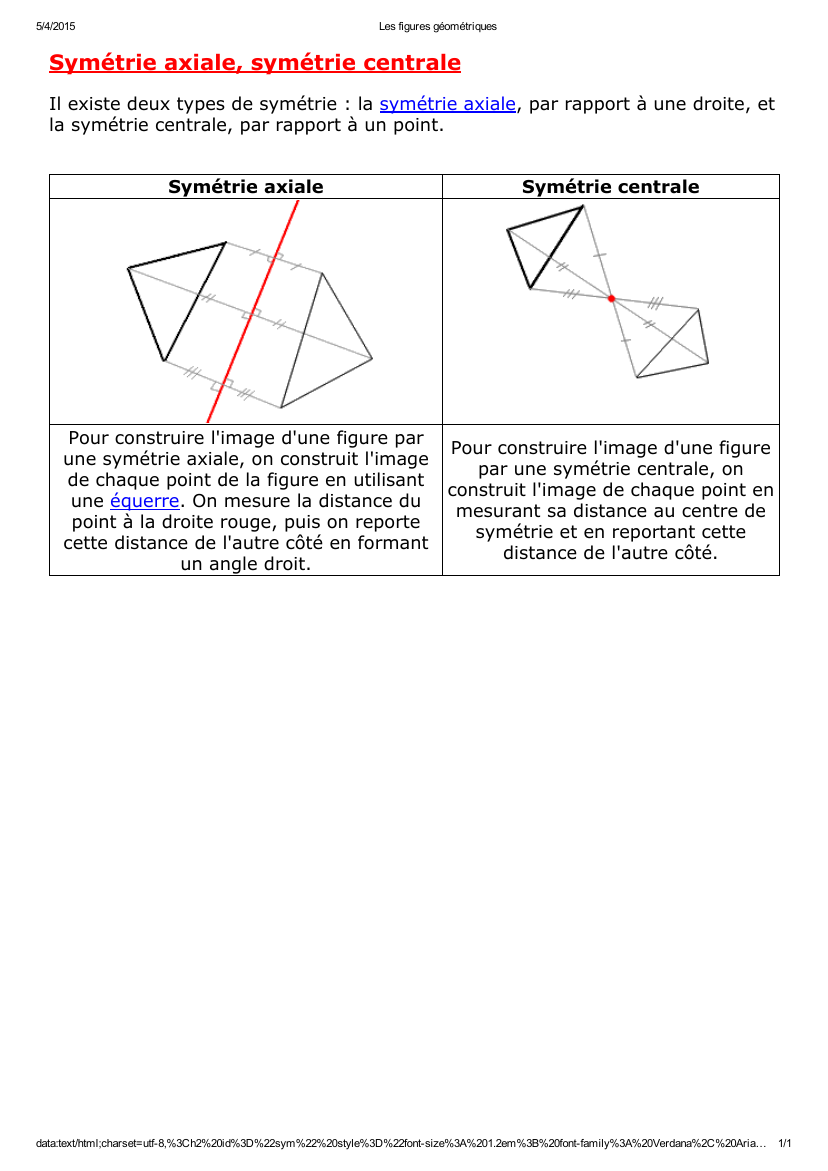 Prévisualisation du document 5/4/2015Les figures géométriquesSymétrie axiale, symétrie centraleIl existe deux types de symétrie : la symétrie axiale, par rapport à une droite,&nbsp...