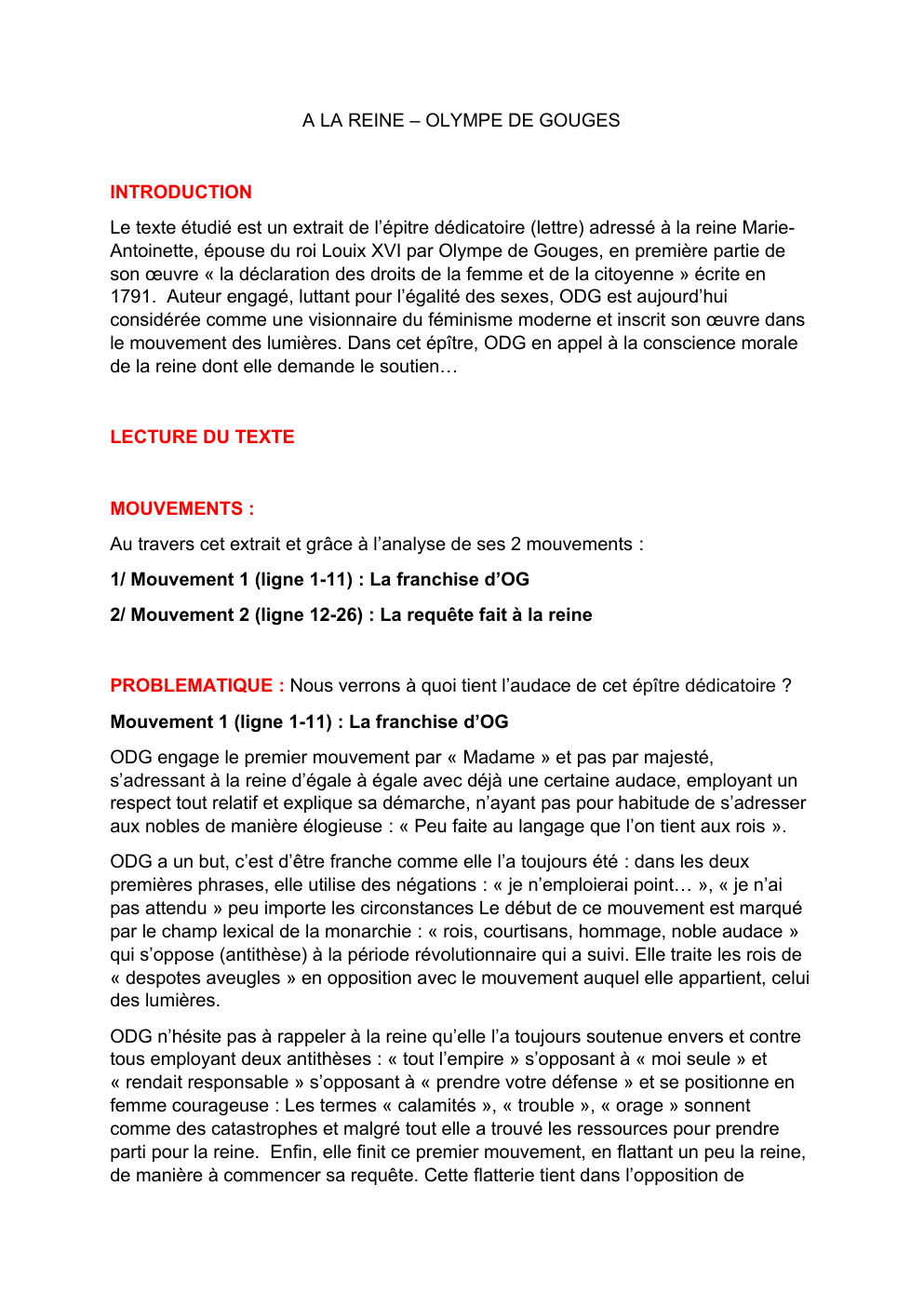 Prévisualisation du document A LA REINE - O. DE GOUGES - LECTURE LINEAIRE
