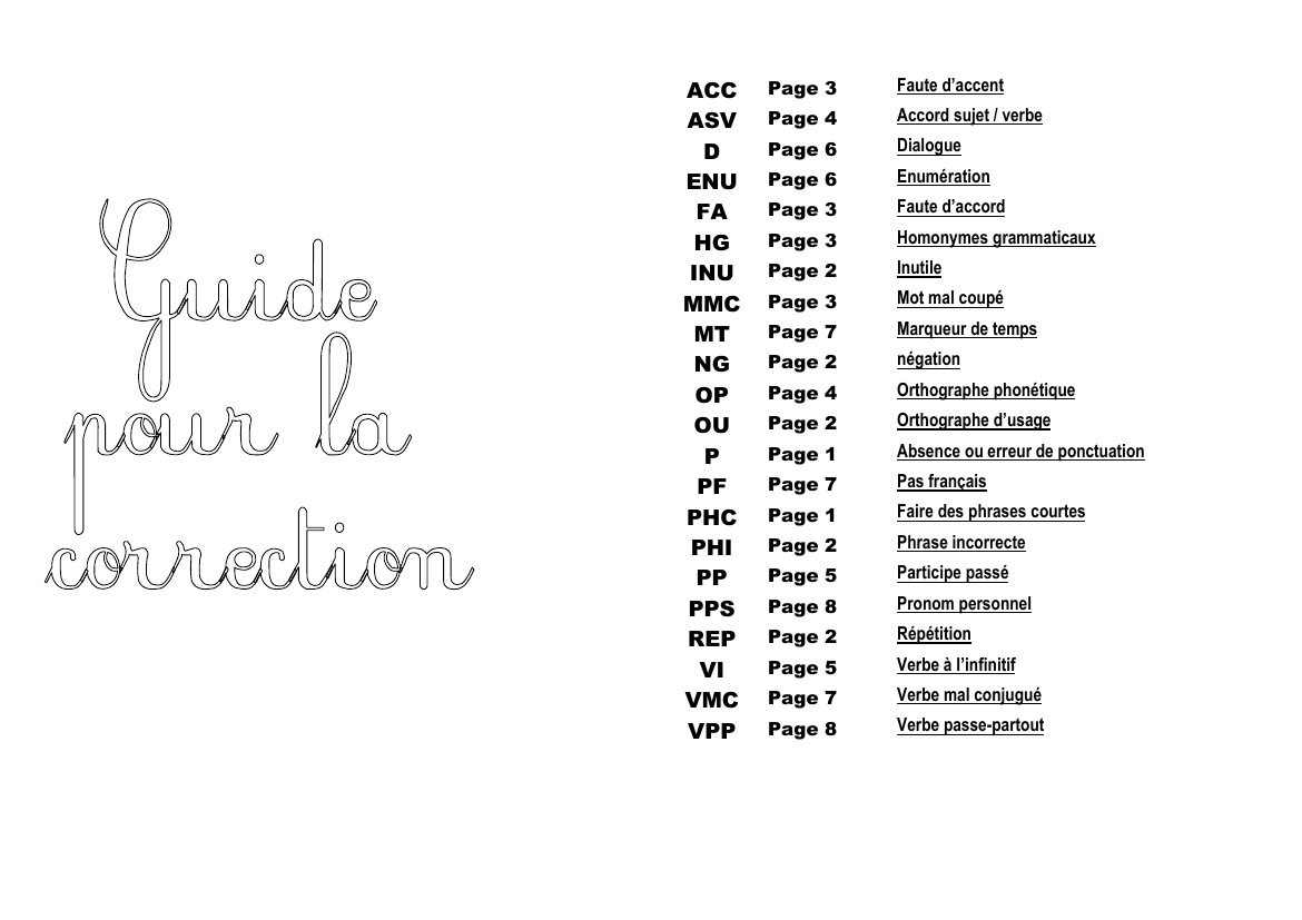 Prévisualisation du document ACCASVDENUFAHGINUMMCMTNGOPOUPPFPHCPHIPPPPSREPVIVMCVPPPage 3Faute d'accentPage 4Accord sujet / verbePage 6DialoguePage 6EnumérationPage 3Faute