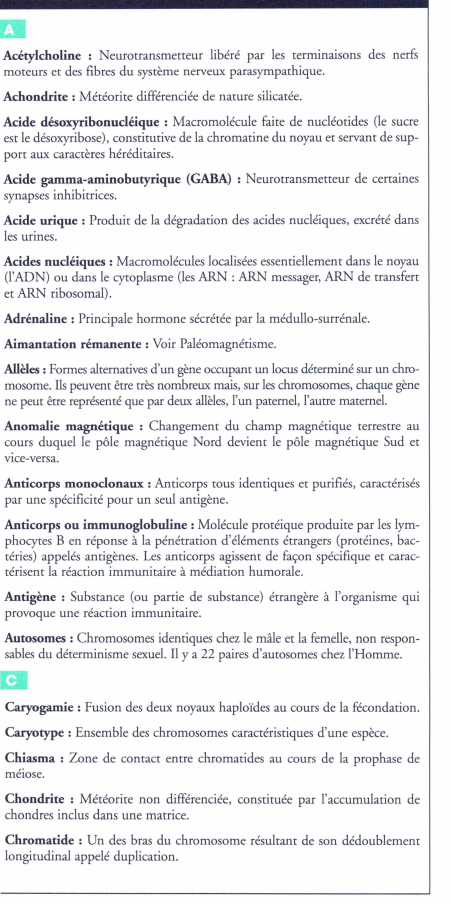 Prévisualisation du document Acétylcholine : Neurotransmetteur libéré par les terminaisons des nerfs
moteurs et des fibres du système nerveux parasympathique.
Achondrite : Météorite...