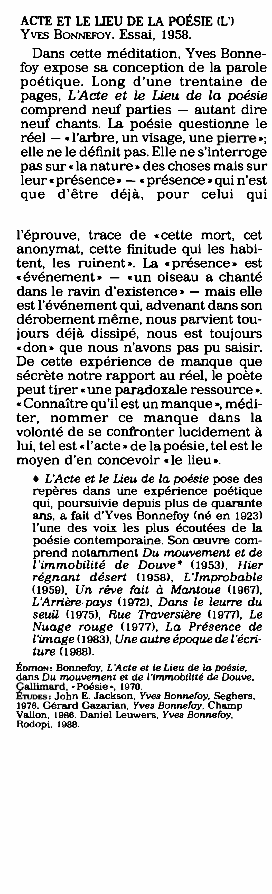 Prévisualisation du document ACTE ET LE UEU DE LA POÉSIE (L’)  YVES BoNNEFoY (résumé)