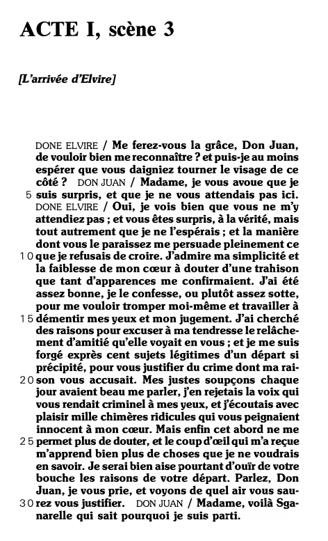 Prévisualisation du document ACTE I, scène 3
[L'arrivée d'Elvire]

DONE ELVIRE / Me ferez-vous la grâce, Don Juan,
de vouloir bien me reconnaître?...