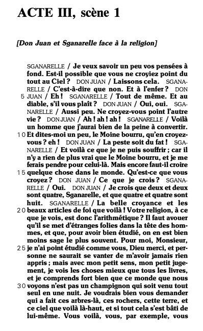 Prévisualisation du document ACTE III, scène 1
[Don Juan et Sganarelle face à la religion] - Dom Juan de Molière