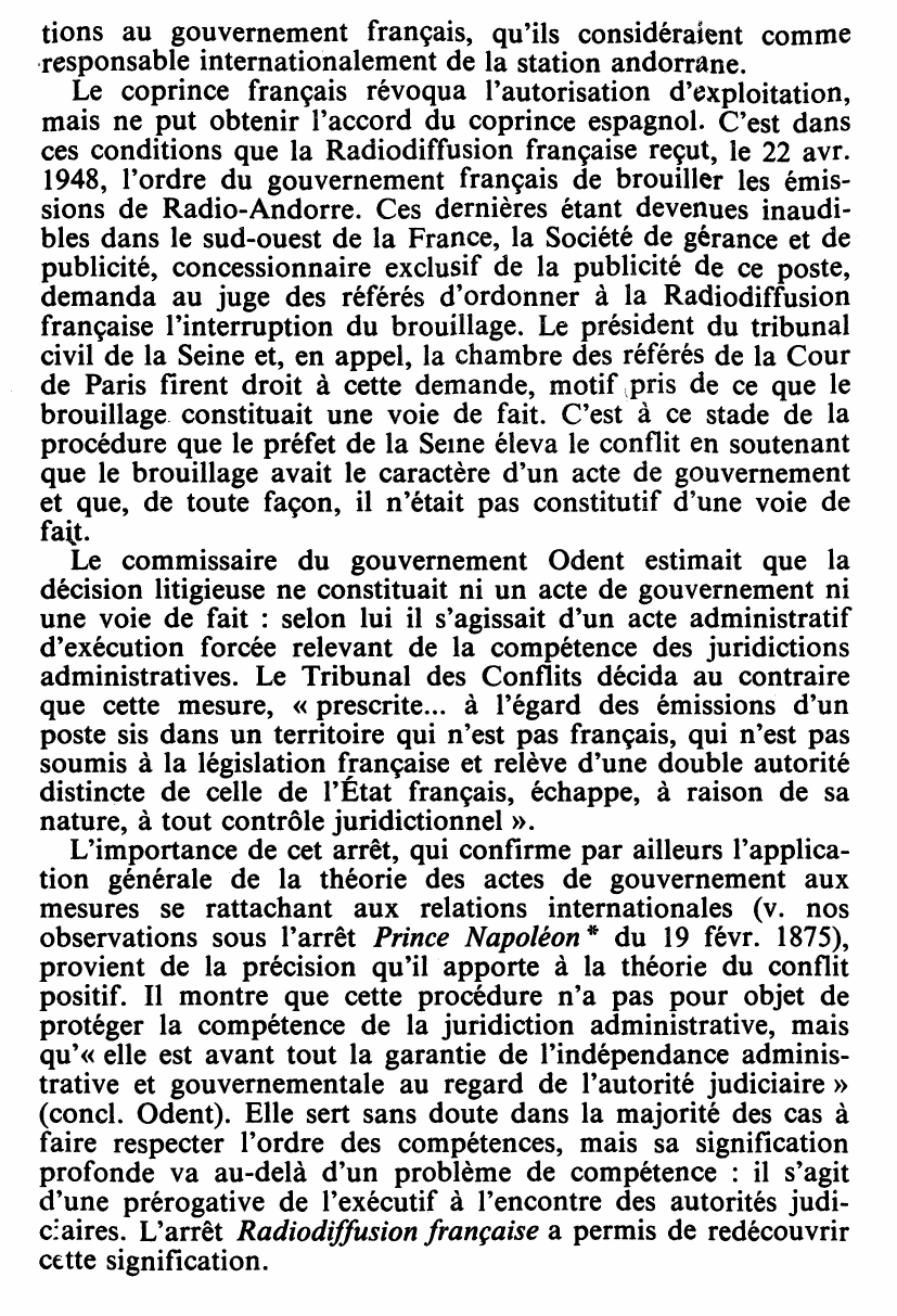 Prévisualisation du document ACTES DE GOUVERNEMENT CONFLIT POSITIF T.C. 2 févr. 1950, RADIODIFFUSION FRANÇAISE, Rec. 652 (droit)