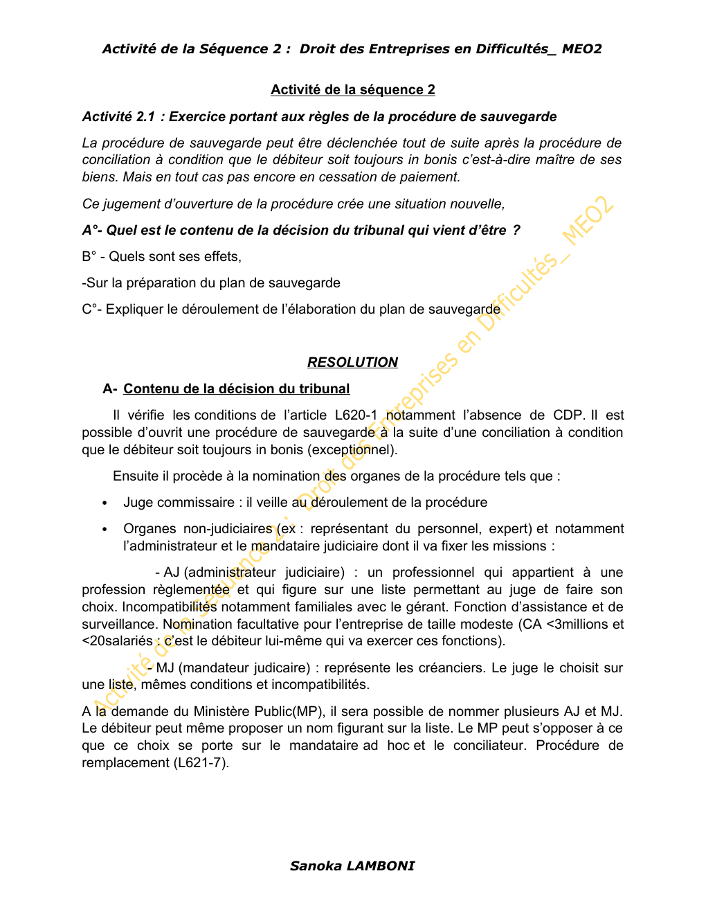 Prévisualisation du document Activité de la Séquence 2 : Droit des Entreprises en Difficultés_ MEO2