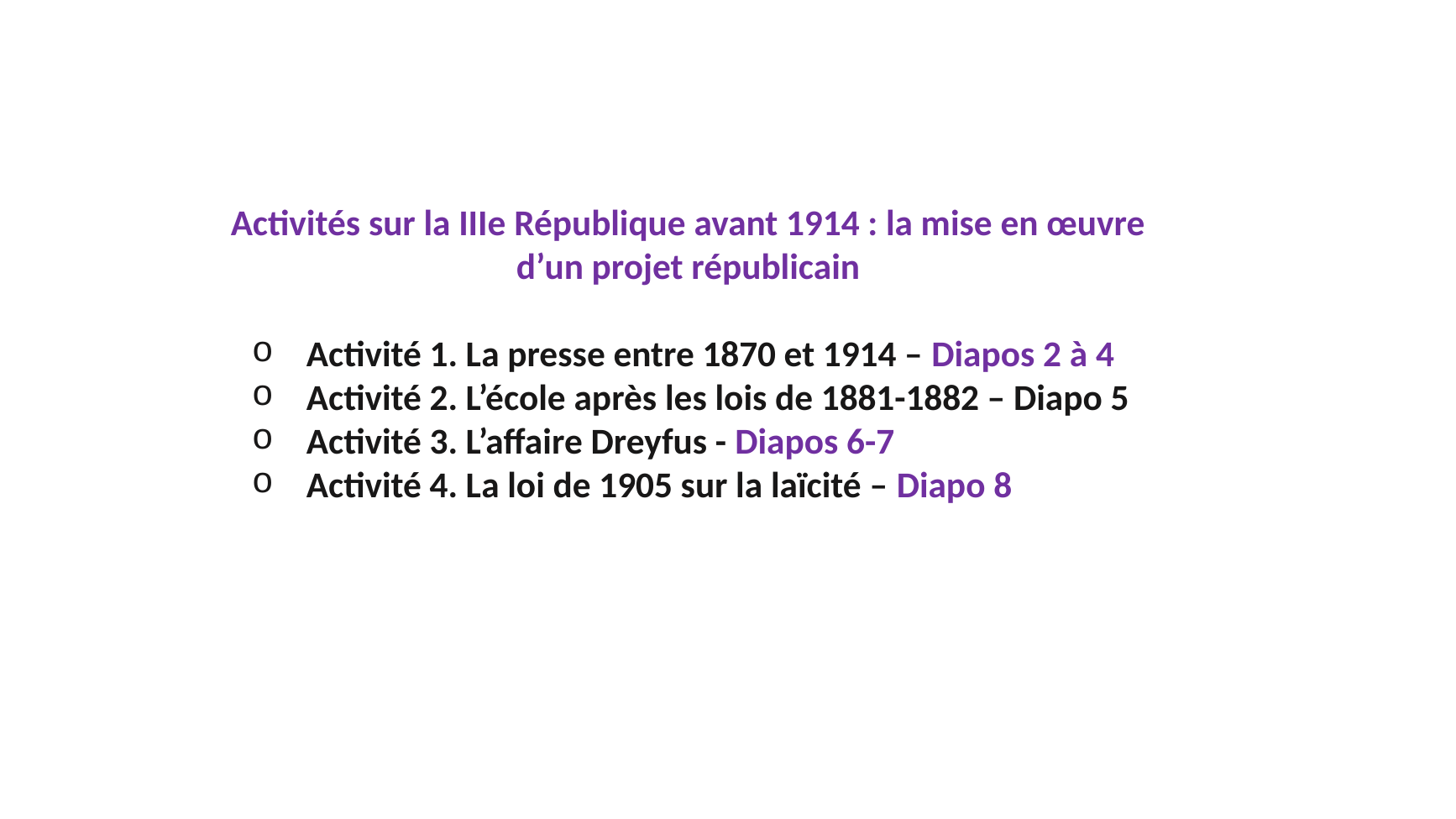 Prévisualisation du document Activités sur la IIIe République avant 1914 : la mise en œuvre d’un projet républicain