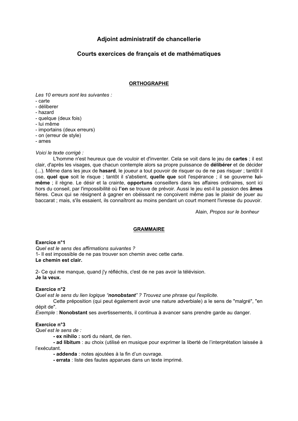 Prévisualisation du document Adjoint administratif de chancellerie Courts exercices de français et de mathématiques