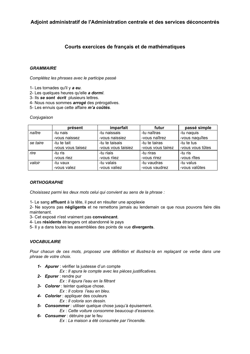 Prévisualisation du document Adjoint administratif de l'Administration centrale et des services déconcentrés Courts exercices de français et de mathématiques