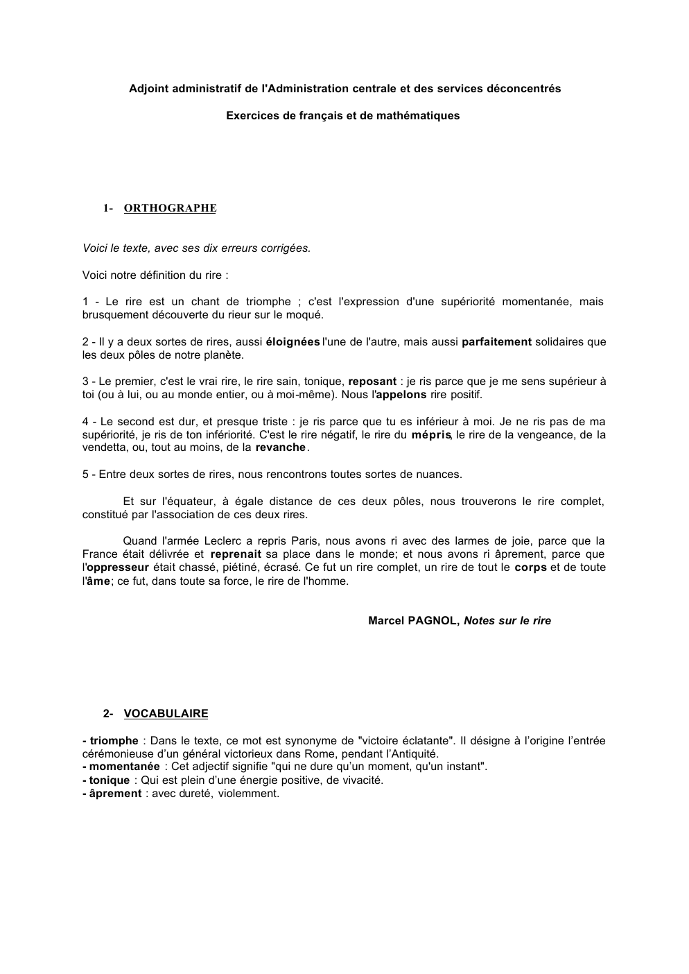 Prévisualisation du document Adjoint administratif de l'Administration centrale et des services déconcentrés Exercices de français et de mathématiques