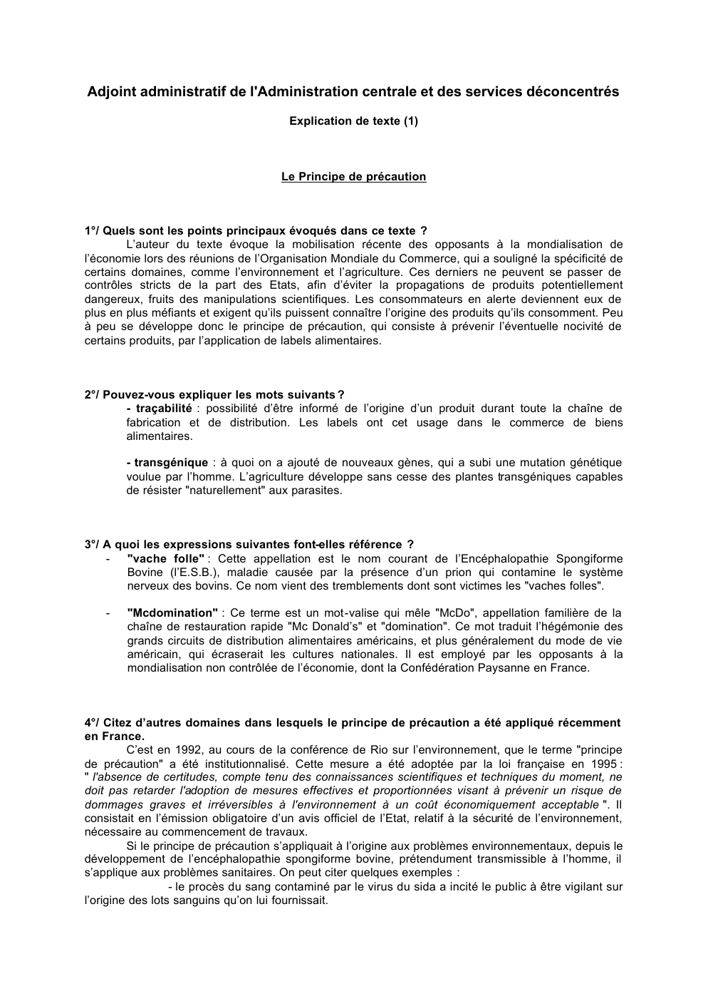Prévisualisation du document Adjoint administratif de l'Administration centrale et des services déconcentrés Explication de texte (1) Le Principe de précaution