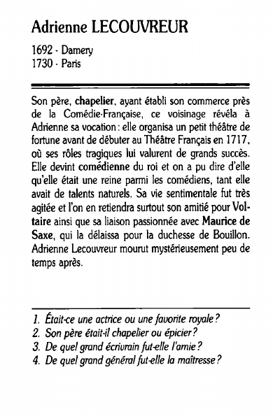 Prévisualisation du document Adrienne LECOUVREUR1692 - Damery1730 - ParisSon père, chapelier, ayant établi