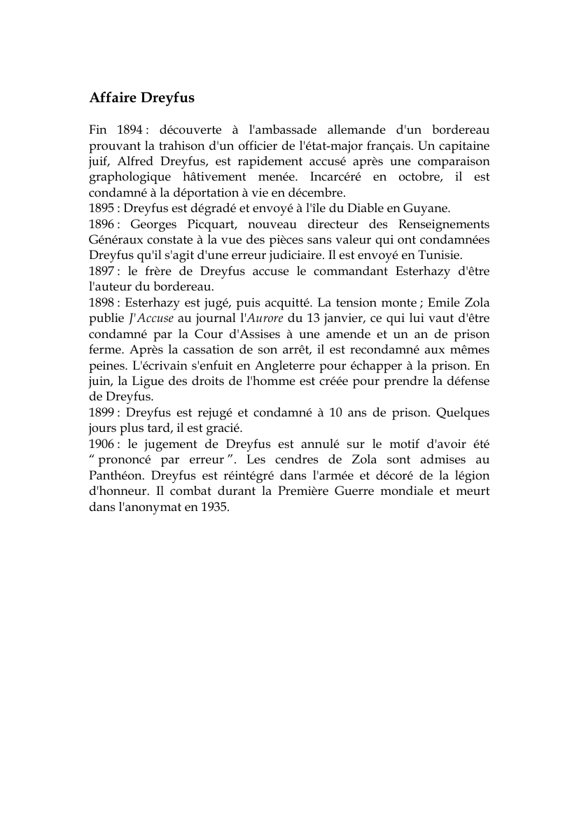 Prévisualisation du document Affaire DreyfusFin 1894 : découverte à l'ambassade allemande d'un bordereauprouvant la trahison d'un officier de l'état-major français.