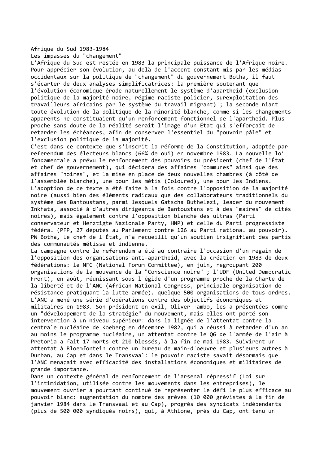Prévisualisation du document Afrique du Sud (1983 - 1984): Les impasses du "changement"