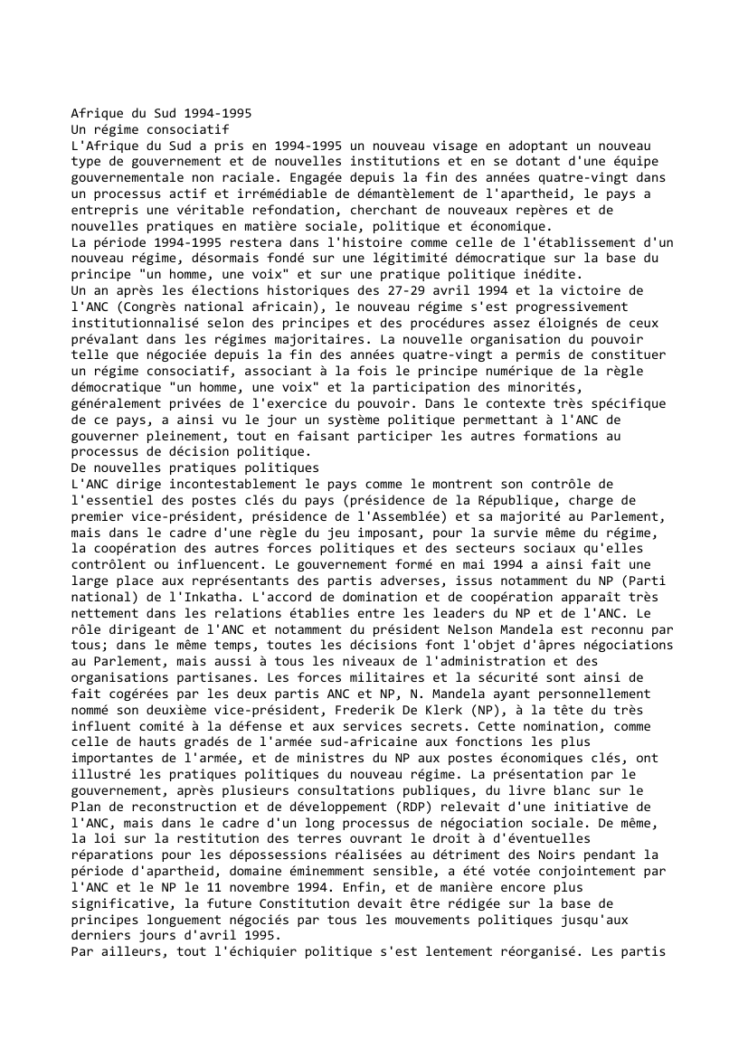 Prévisualisation du document Afrique du Sud (1994 - 1995): Un régime consociatif