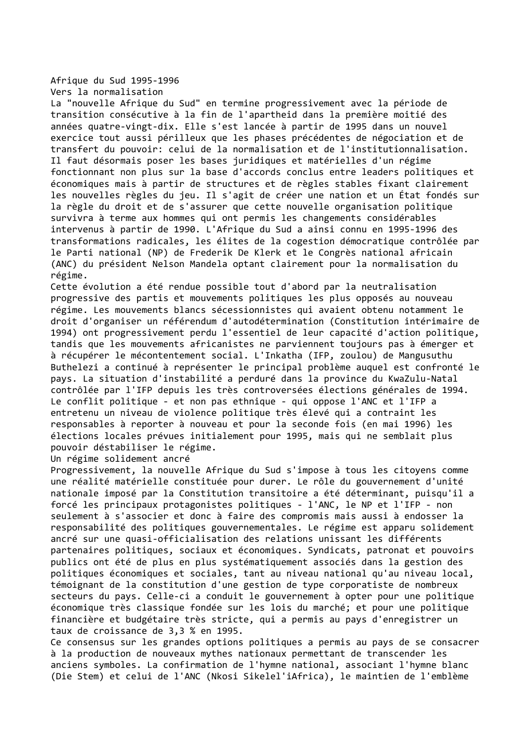 Prévisualisation du document Afrique du Sud (1995 - 1996): Vers la normalisation