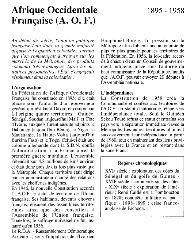 Prévisualisation du document Afrique Occidentale	1895 - 1958Française (A.