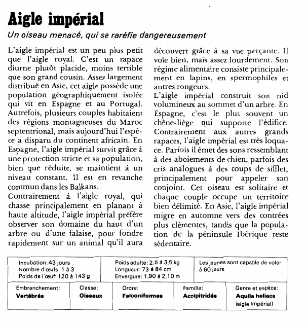 Prévisualisation du document Aigle impérialUn oiseau menacé, qui se raréfie dangereusementL'aigle impérial est un peu plus petit que l'aigle royal.