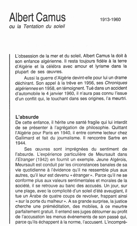Prévisualisation du document Albert Camus

1913-1960

ou la Tentation du soleil

L'obsession de la mer et du soleil, Albert Camus la doit à...