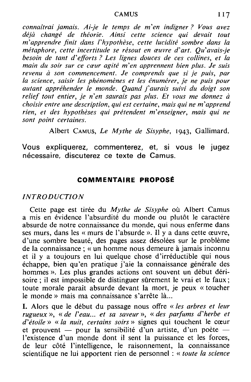 Prévisualisation du document Albert CAMUS, Le Mythe de Sisyphe: Vous expliquerez, commenterez, et, si vous le jugez nécessaire, discuterez ce texte de Camus.