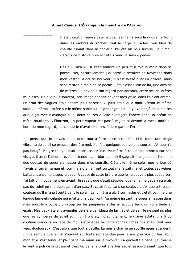 Prévisualisation du document Albert Camus, L'Étranger (le meurtre de l'Arabe). Commentaire