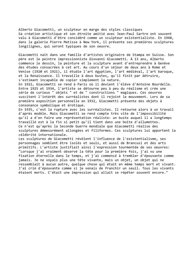 Prévisualisation du document Alberto Giacometti, un sculpteur en marge des styles classiques