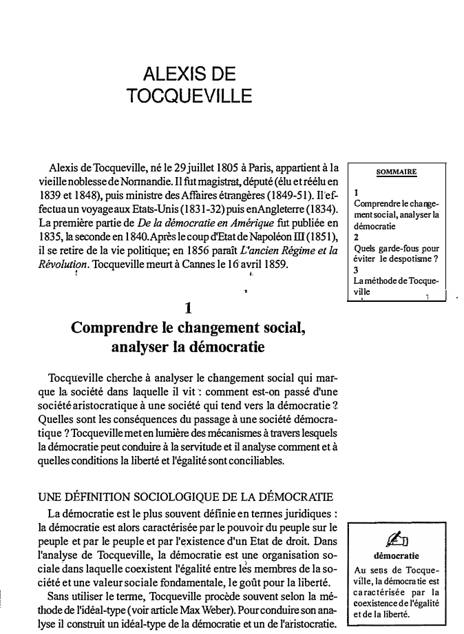 Prévisualisation du document ALEXIS DE
TOCQUEVILLE

Alexis de Tocqueville, né le 29 juillet 1805 à Paris, appartient à la
vieille noblesse de Nonnandie....