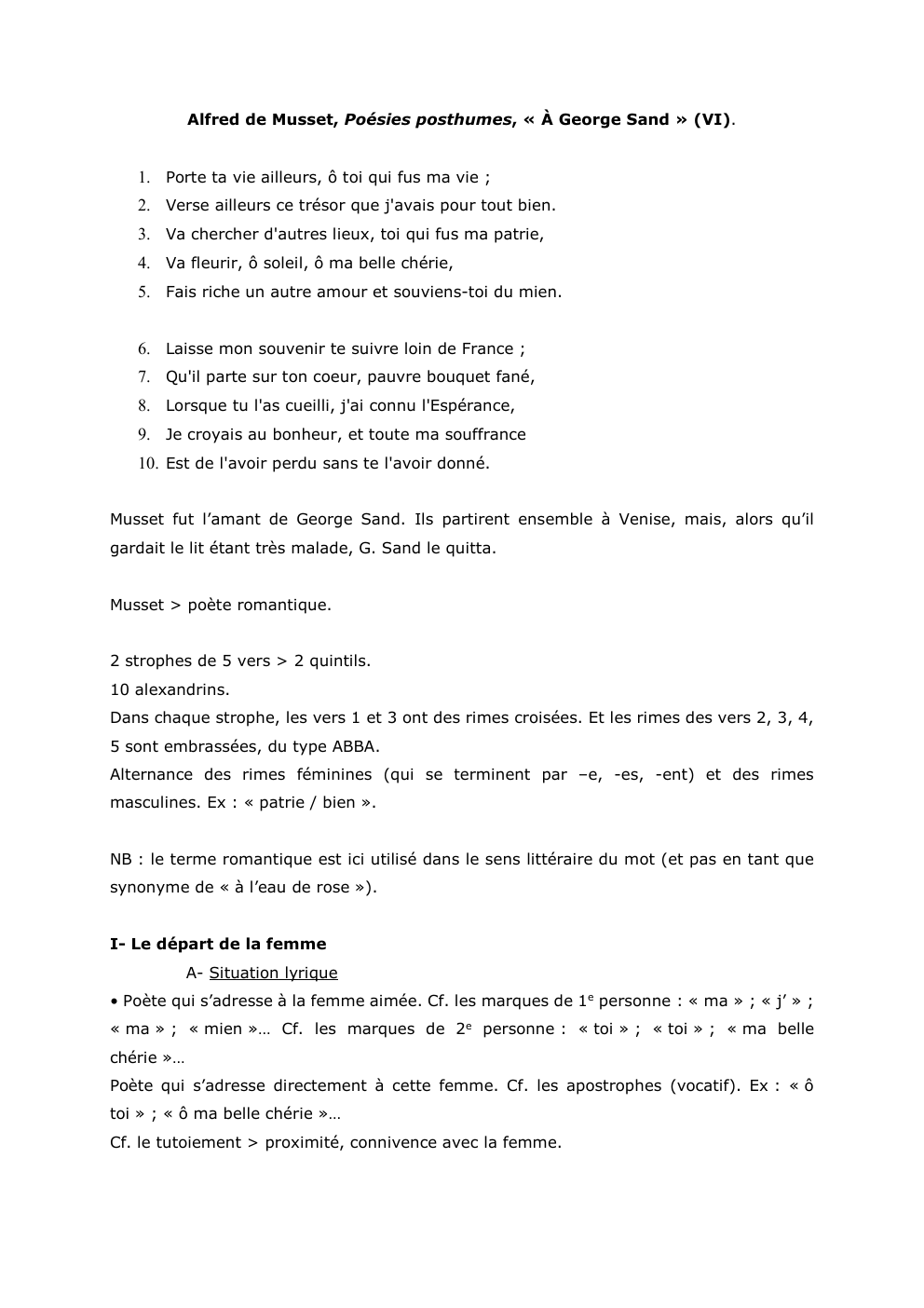 Prévisualisation du document Alfred de Musset, Poésies posthumes, « À George Sand » (VI).

1. Porte ta vie ailleurs, ô toi qui fus...