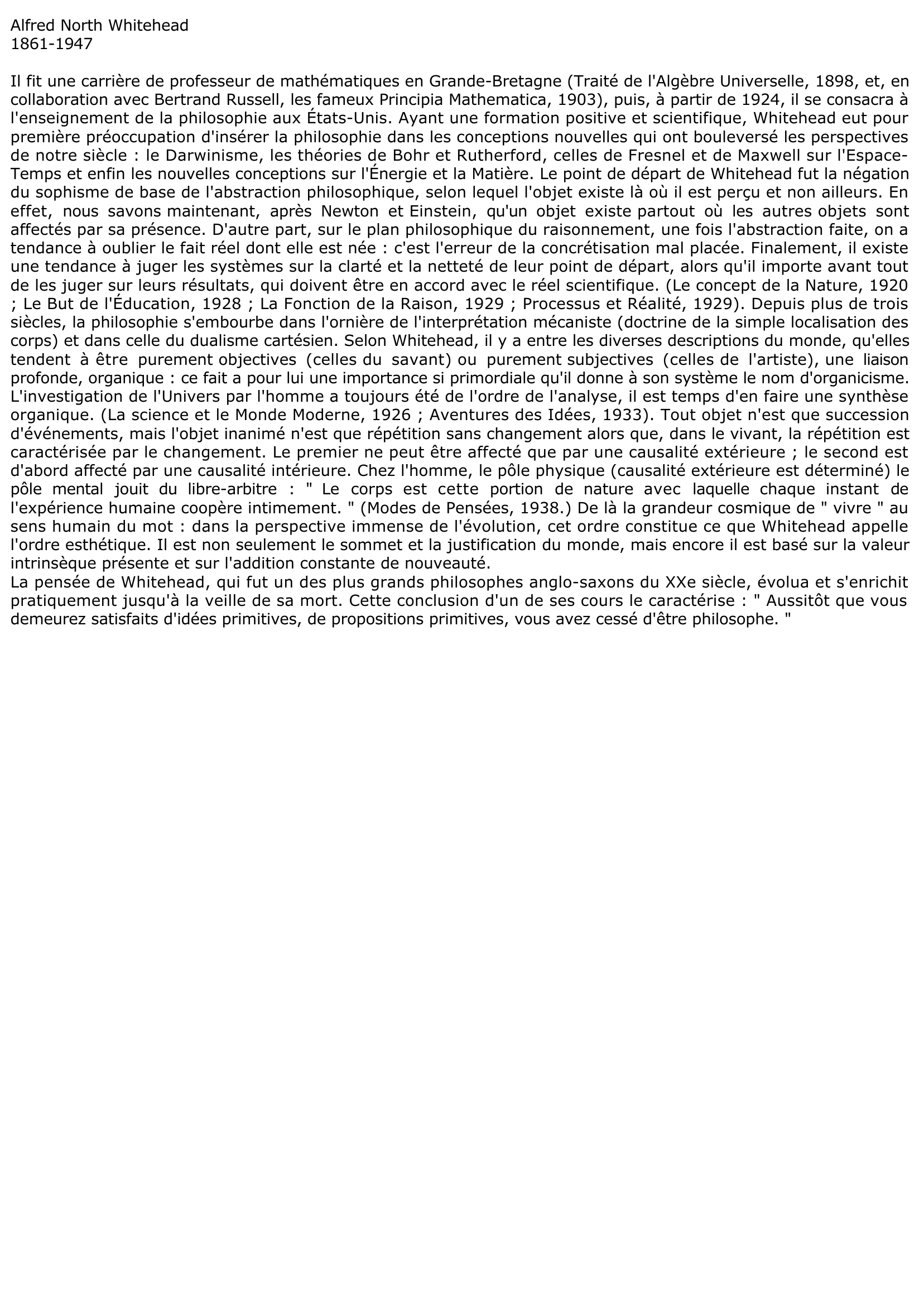 Prévisualisation du document Alfred North Whitehead, CONCEPT DE NATURE (LE) (résumé)
