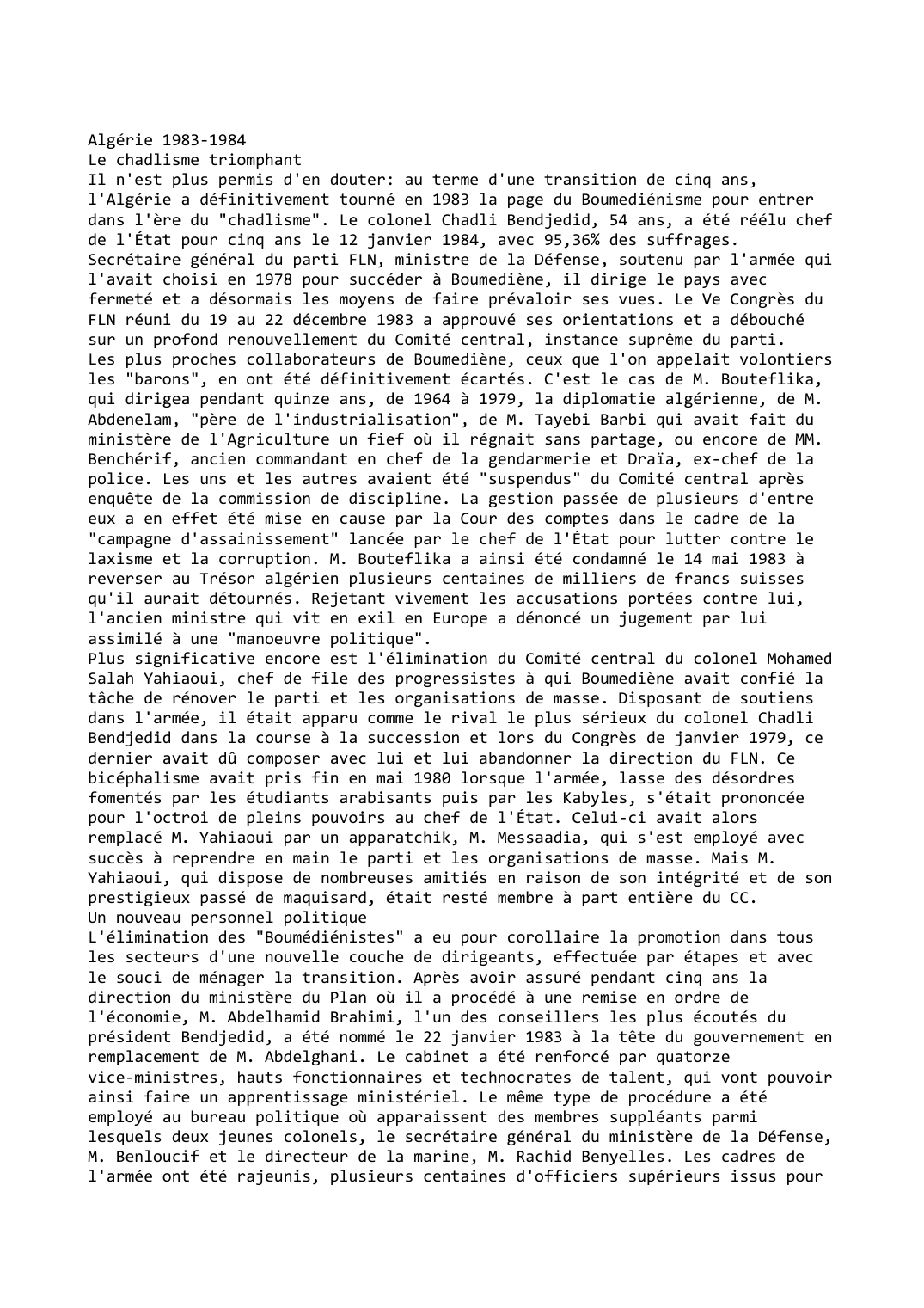 Prévisualisation du document Algérie 1983-1984
Le chadlisme triomphant