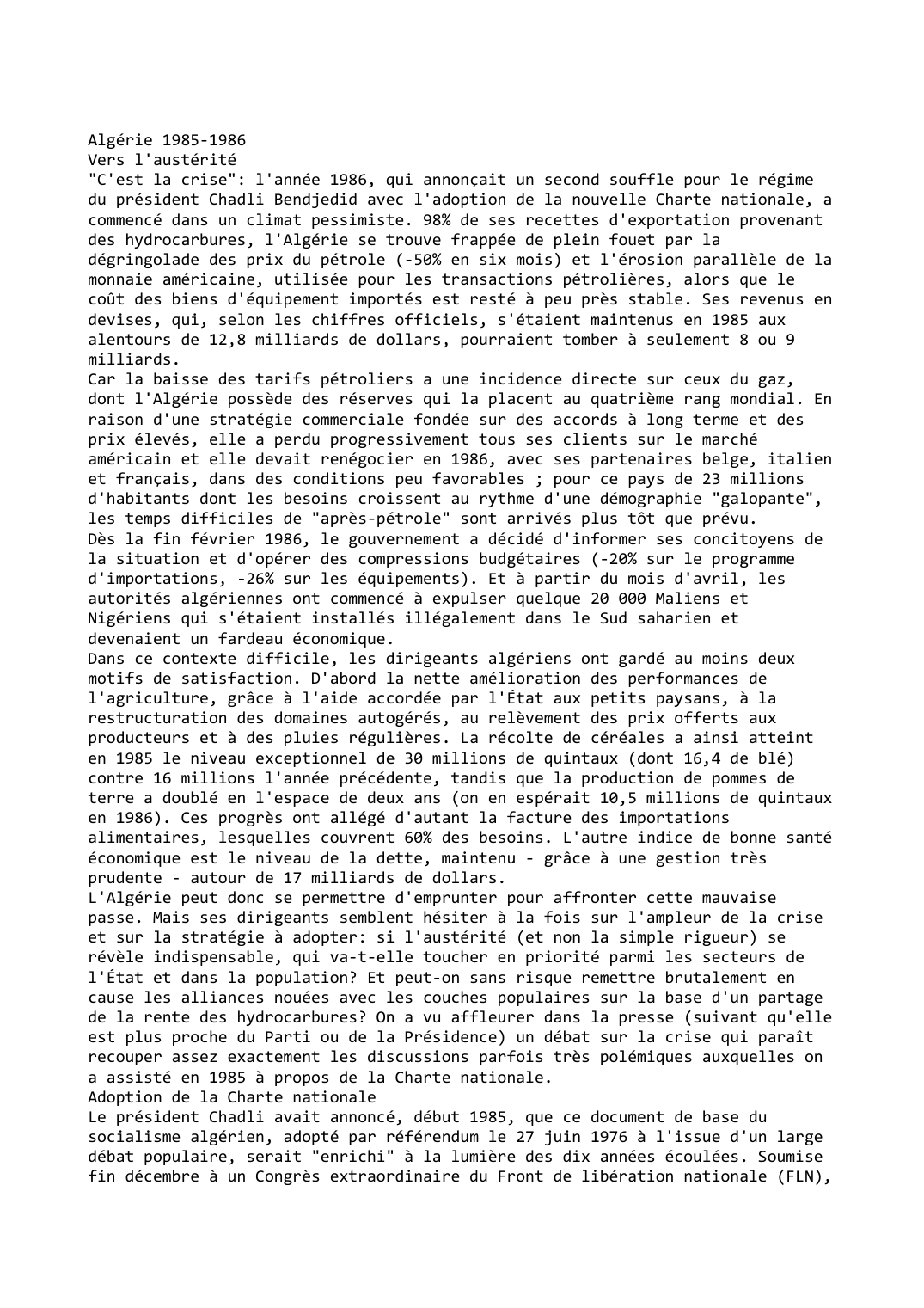Prévisualisation du document Algérie 1985-1986: Vers l'austérité