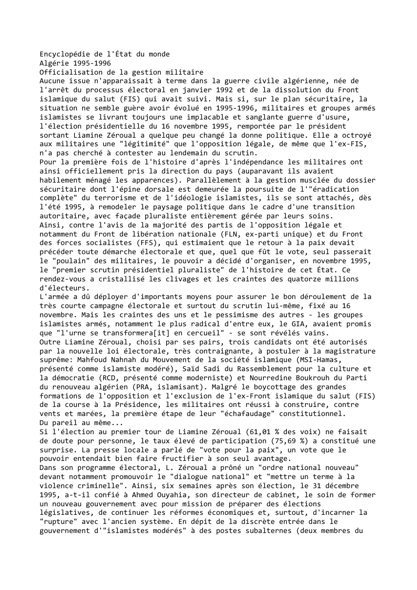 Prévisualisation du document Algérie 1995-1996
Officialisation de la gestion militaire