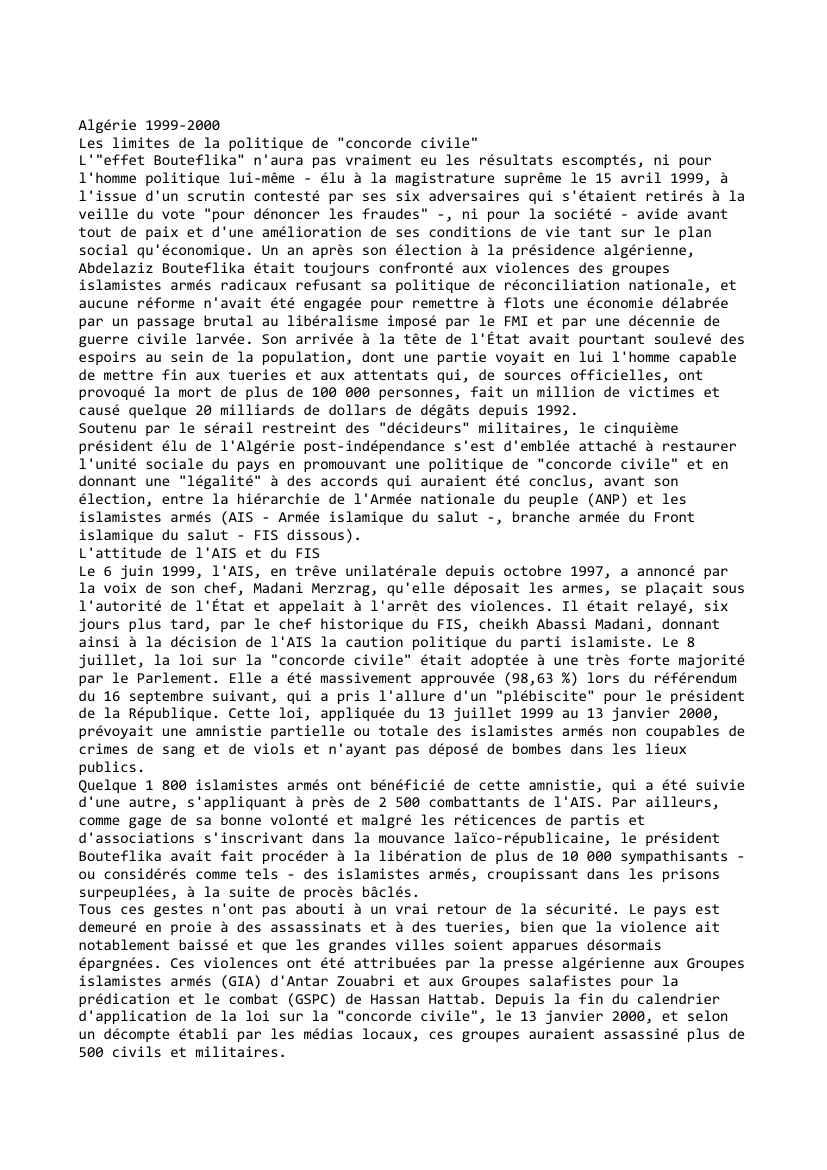 Prévisualisation du document Algérie 1999-2000
Les limites de la politique de "concorde civile"