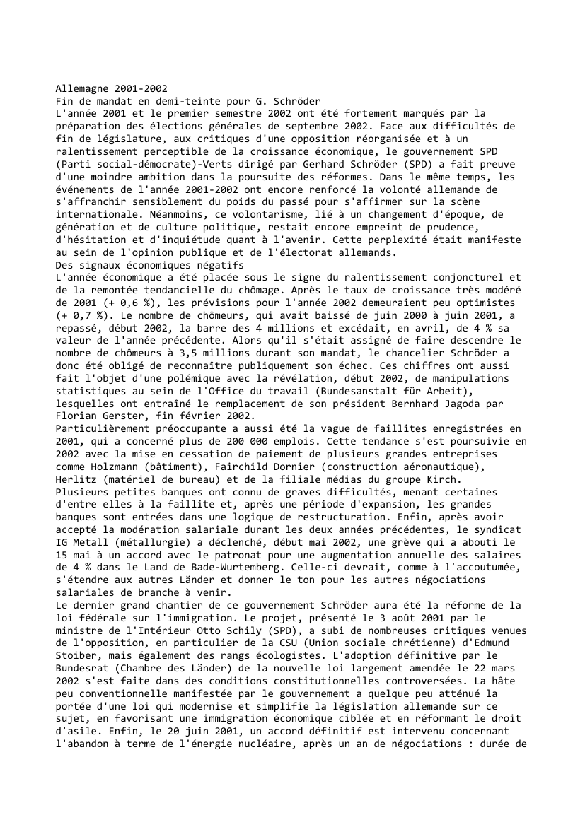 Prévisualisation du document Allemagne 2001-2002
Fin de mandat en demi-teinte pour G. Schröder