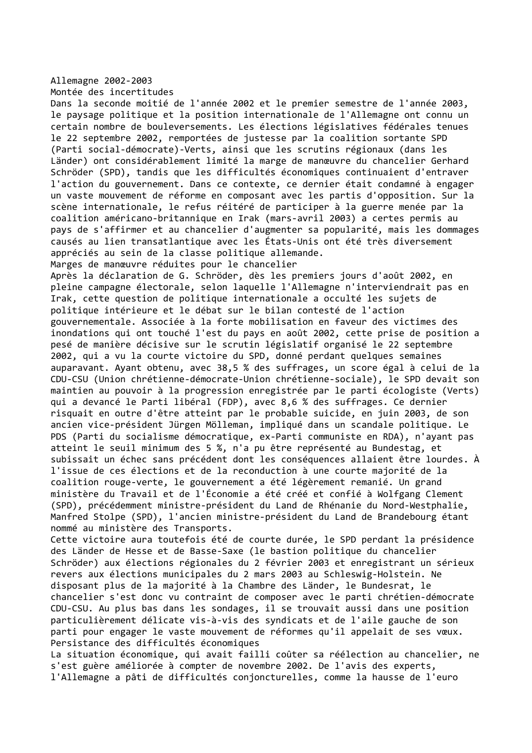 Prévisualisation du document Allemagne 2002-2003
Montée des incertitudes