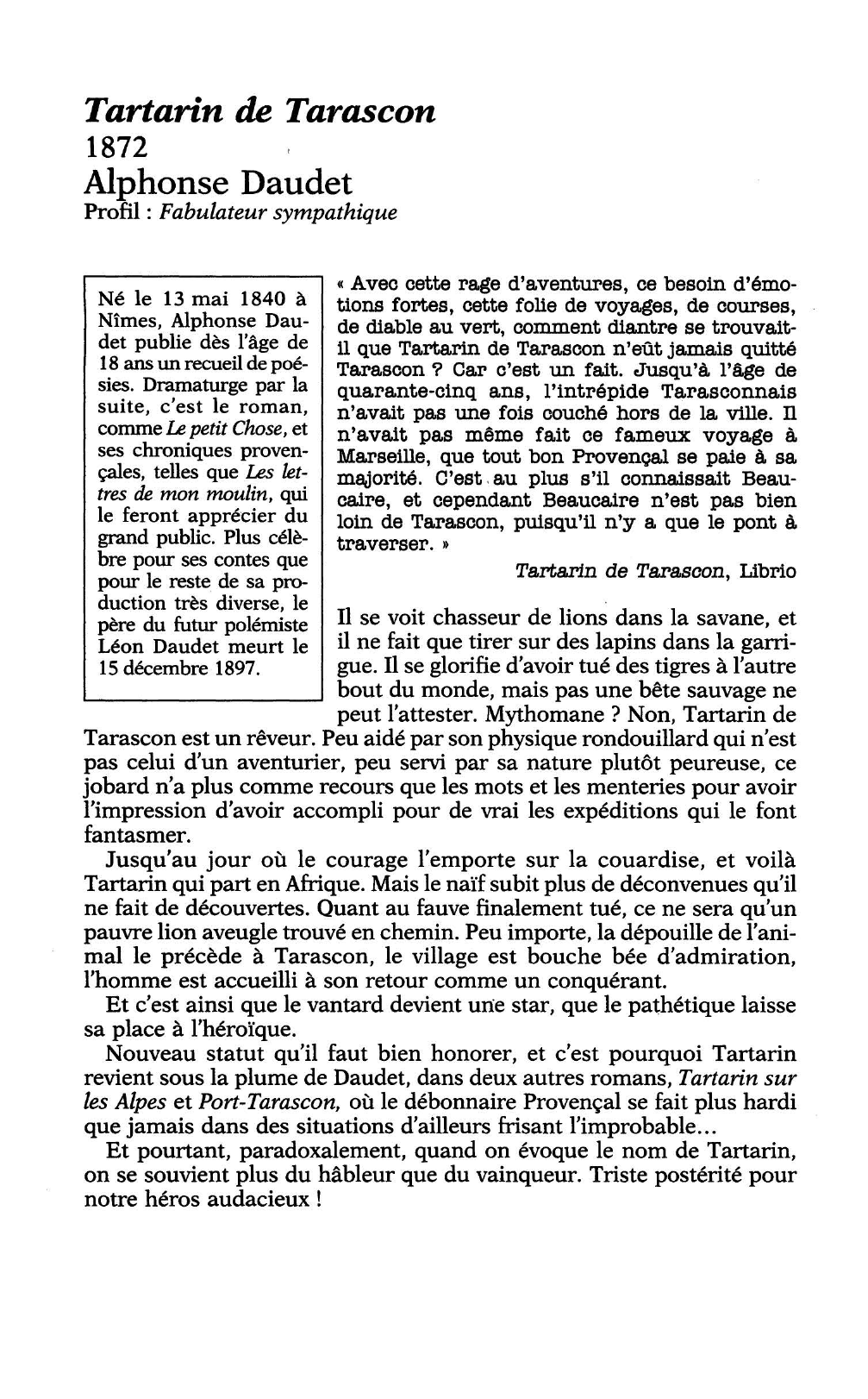 Prévisualisation du document Alphonse DAUDET: Tartarin de Tarascon (Résumé & Analyse)