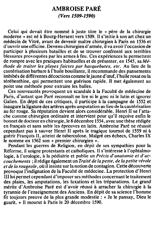 Prévisualisation du document AMBROISE PARÉ(Vers 1509-1590) - BIOGRAPHIE.